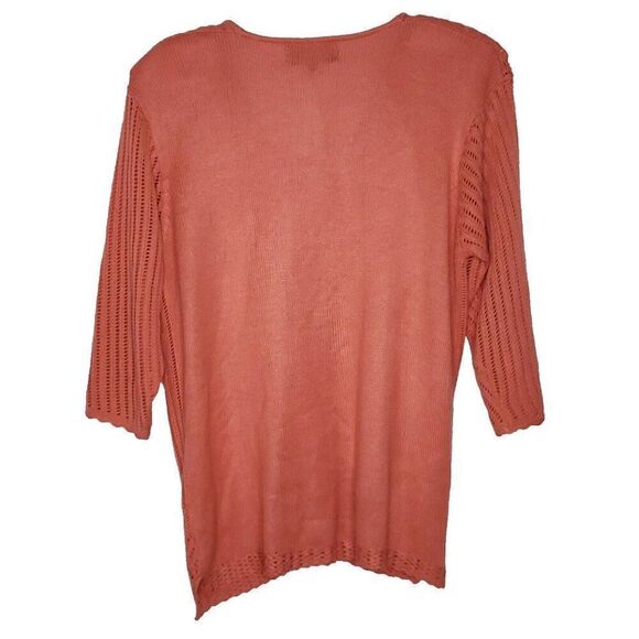 Open Knit Crochet Cardigan Sweater S One Button Front 3/4 Sleeves Coral Orange - Picture 2 of 5